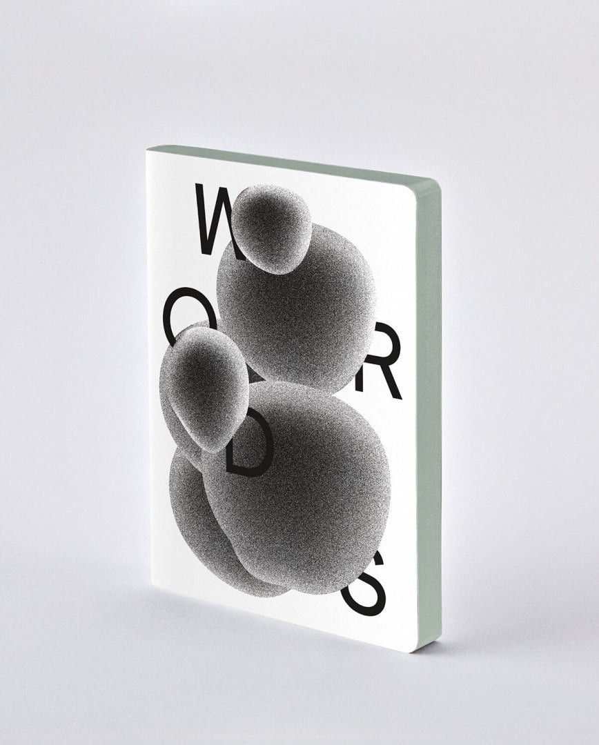 Nowoczesny notatnik Graphic L Words by Heyday z minimalistyczną czarno-białą okładką i abstrakcyjnym wzorem