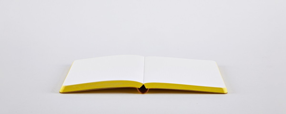 Notatnik Oui Oui otwarty z żółtymi stronami na białym tle od BV JACOB COMPANY