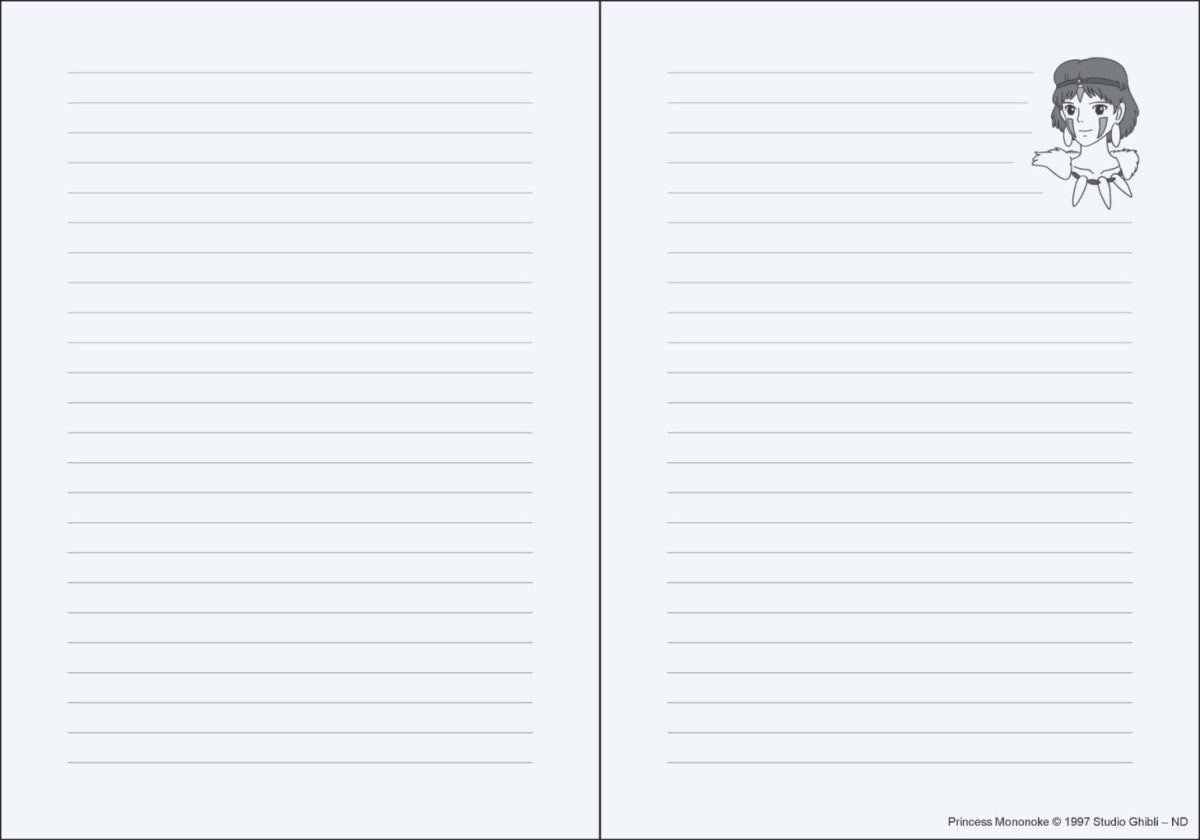 Strony z liniami notatnika Księżniczka Mononoke z ilustracją postaci w górnym rogu