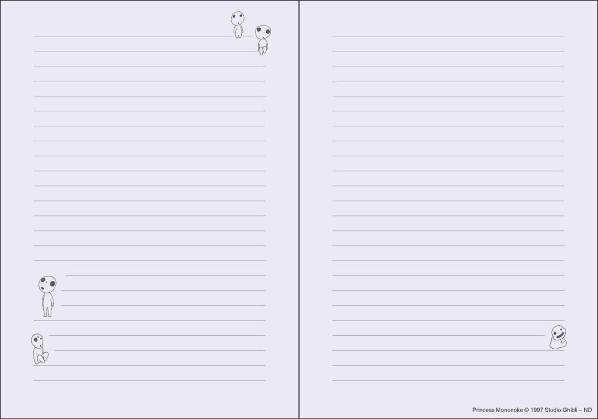 Wnętrze notatnika Księżniczka Mononoke z liniowanymi stronami i postaciami z filmu