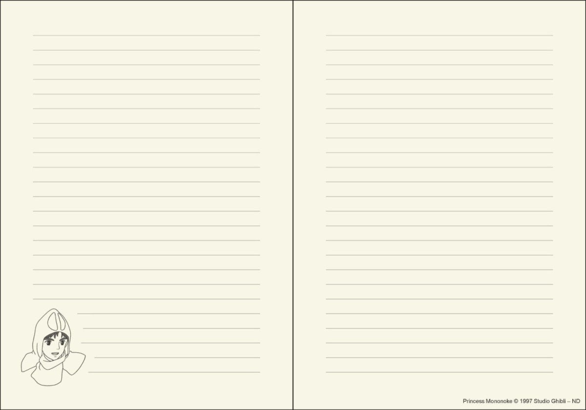 Wnętrze notatnika Księżniczka Mononoke z liniowanymi stronami i grafiką postaci z anime