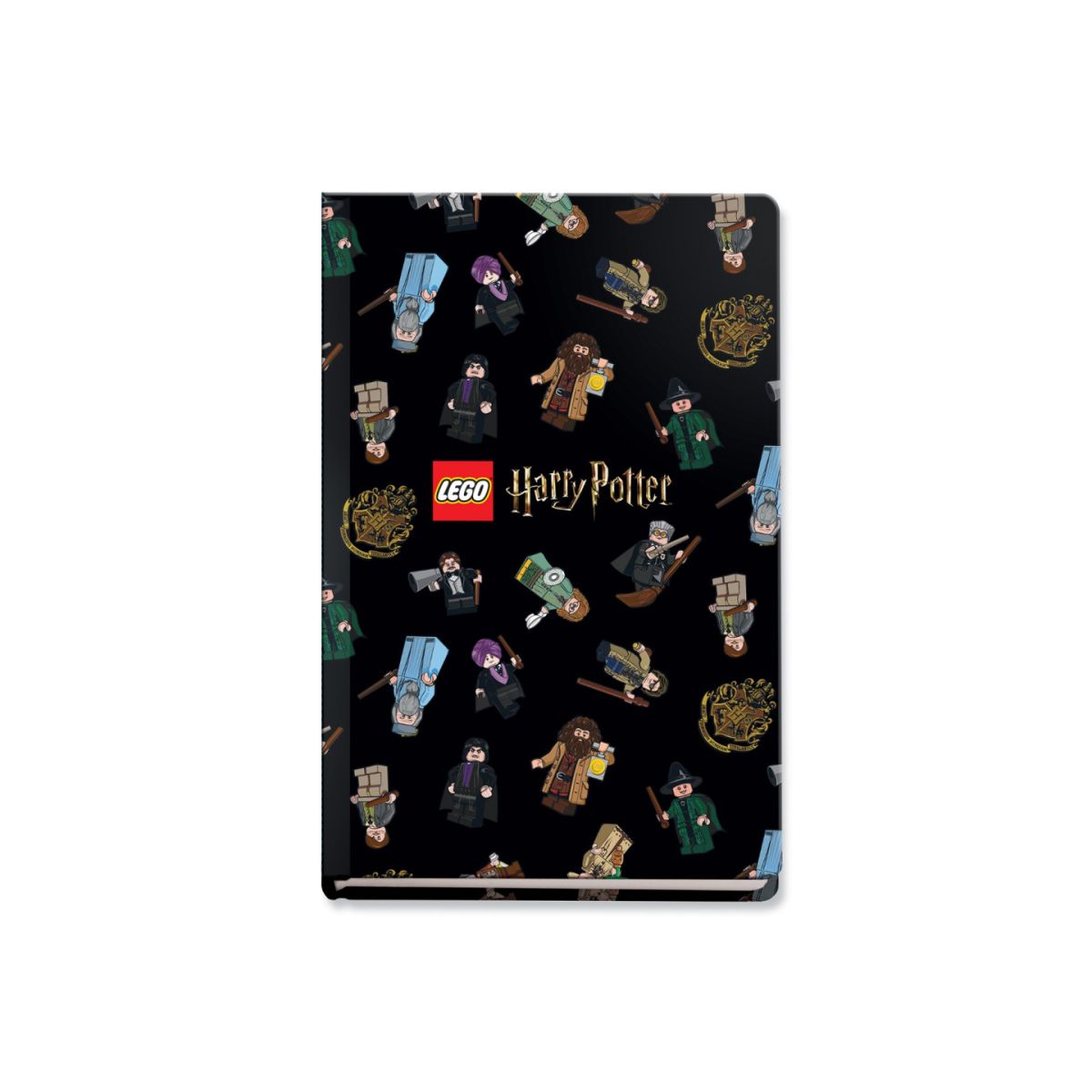 Czarny notatnik LEGO Harry Potter z postaciami z klocków LEGO i logo Harry Potter