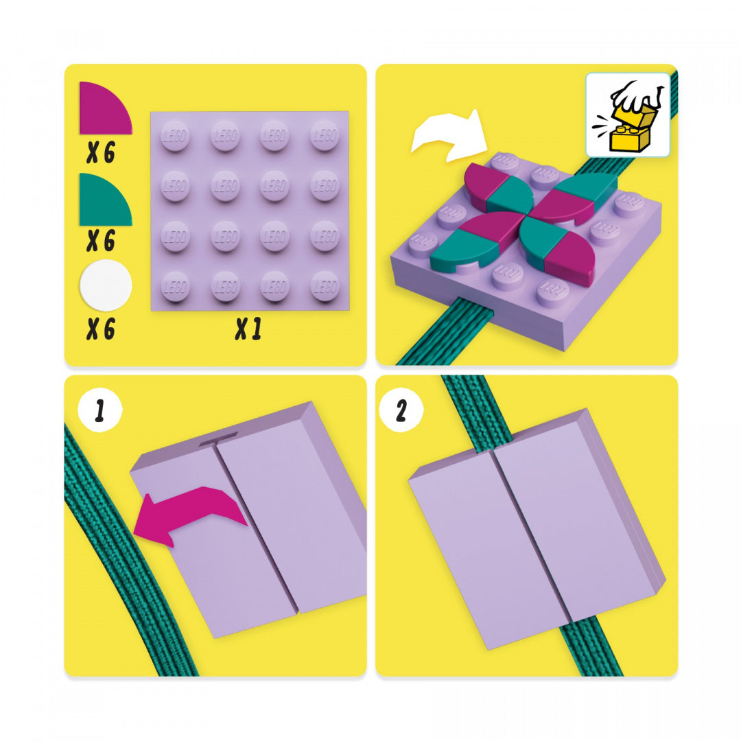 Instrukcja montażu fioletowego notatnika LEGO DOTS z kolorowymi elementami dekoracyjnymi