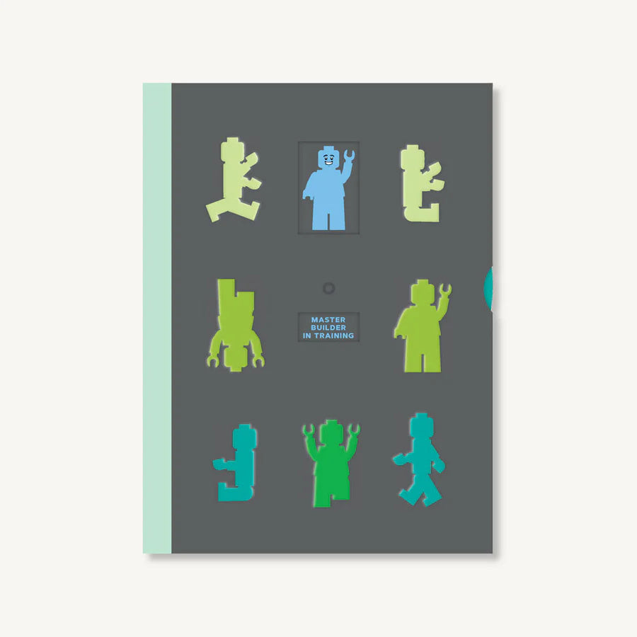 Notatnik LEGO dla dorosłych z szarym okładką i kolorowymi postaciami LEGO na froncie