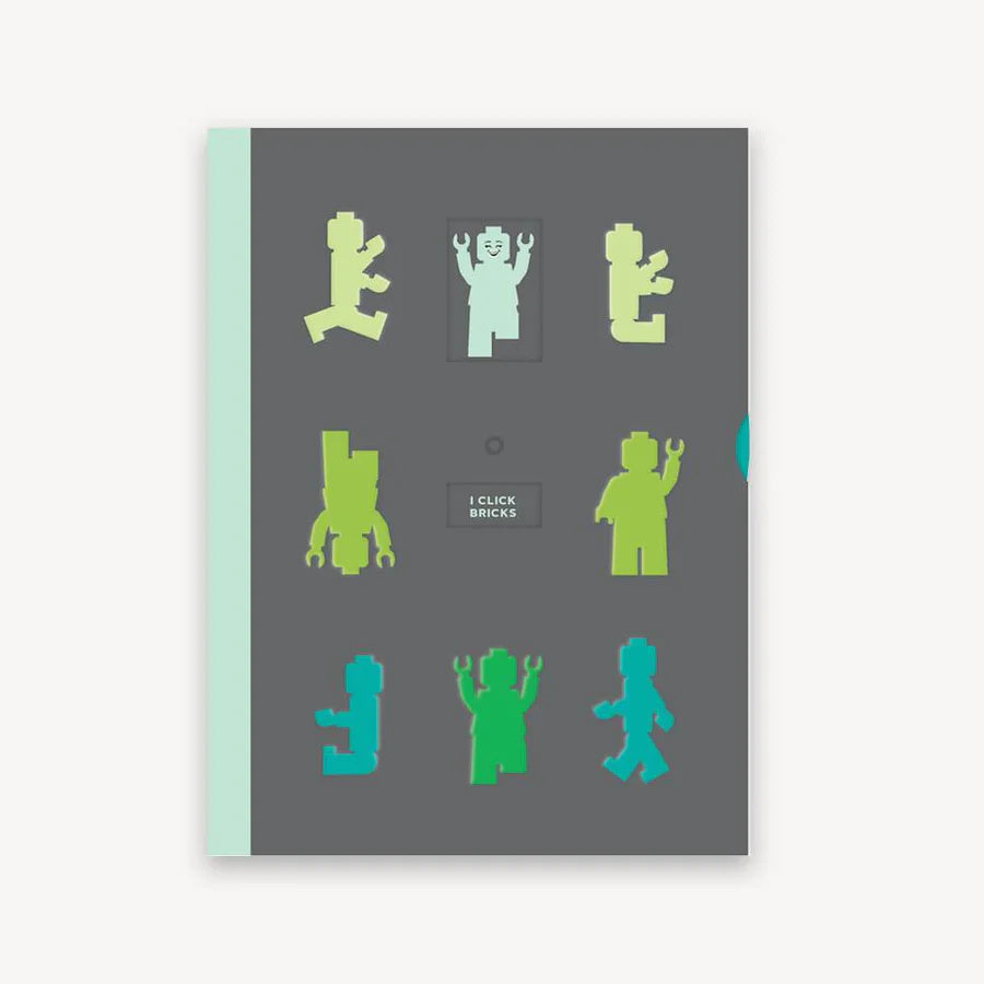 Szary notatnik LEGO dla dorosłych z kolorowymi klockowymi figurkami na okładce