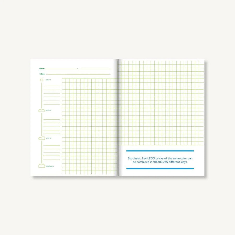 Otwarty notatnik LEGO dla dorosłych z zielonym nadrukiem w kratkę i miejscem na datę oraz notatki