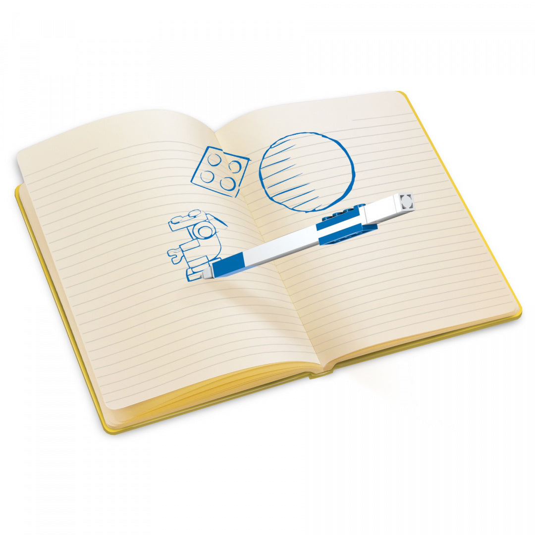 Notatnik LEGO z długopisem w niebiesko-białym kolorze z rysunkami na kartkach