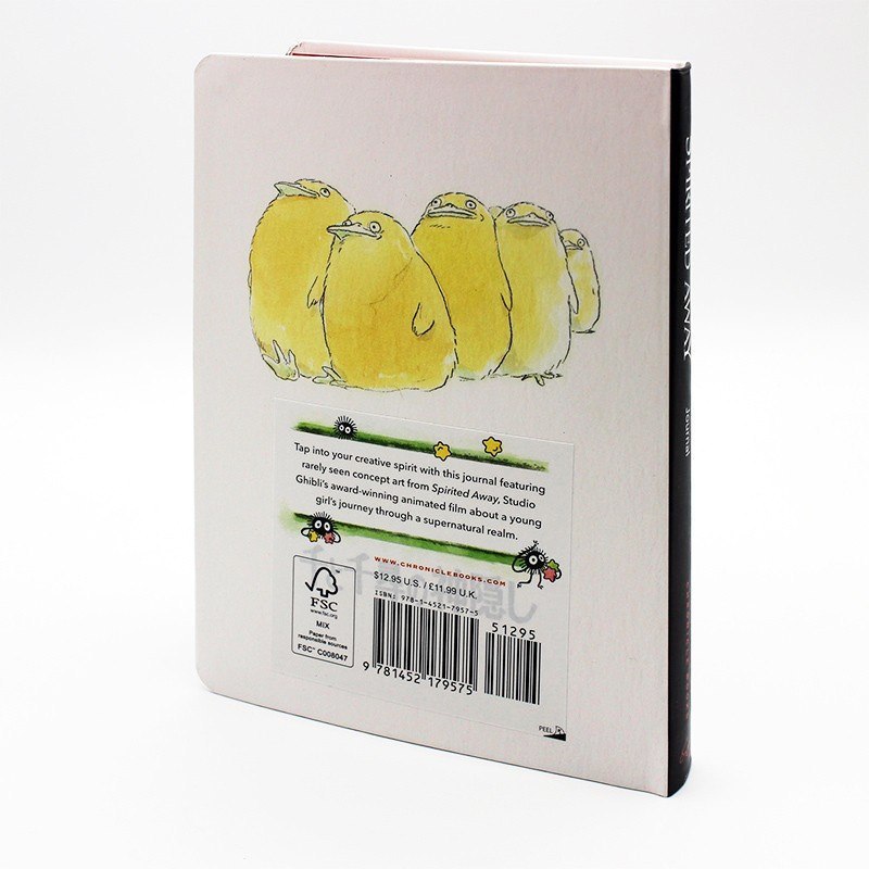 Tył notatnika Spirited Away z ilustracją żółtych postaci i kodem kreskowym