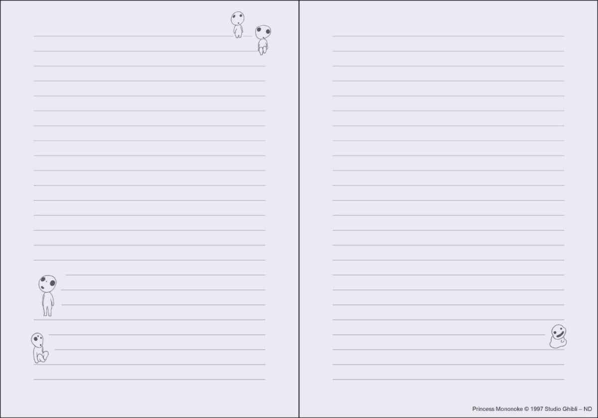Notatnik Spirited Away z liniowanymi kartkami i postaciami Kodama na fioletowym tle