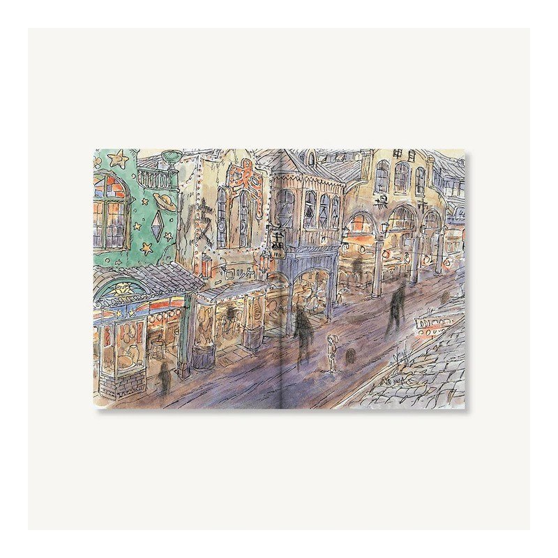 Notatnik Spirited Away z ilustracją kolorowej ulicy z budynkami i postaciami w stylu artystycznym