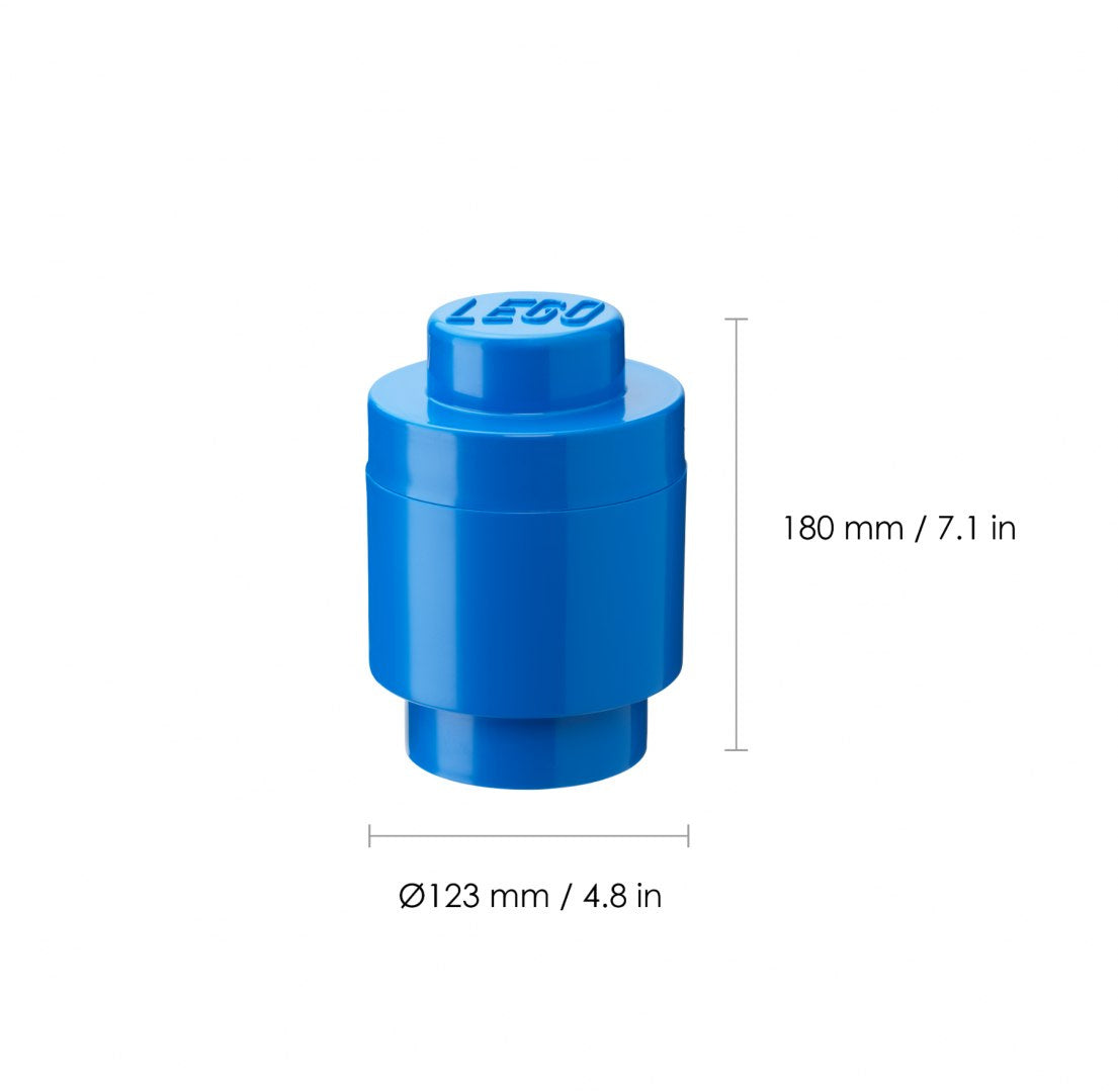Pojemnik LEGO okrągły niebieski o wymiarach 180 mm wysokości i 123 mm średnicy