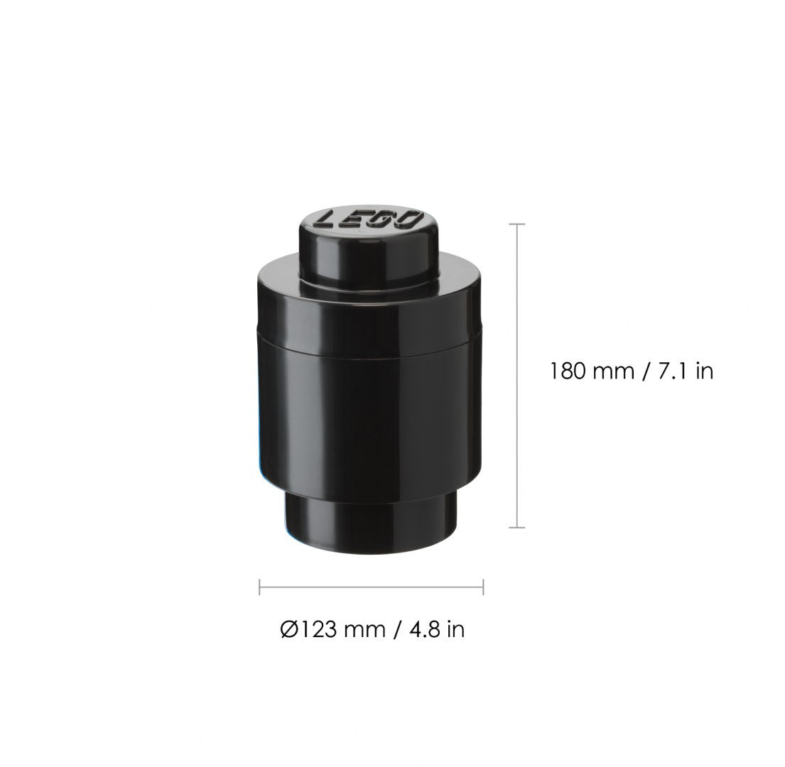 Czarny okrągły pojemnik LEGO czarny o wymiarach 180 mm wysokości i 123 mm średnicy