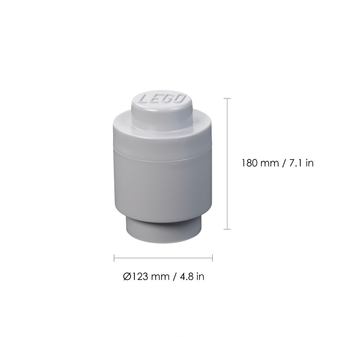 Szary okrągły pojemnik LEGO o wymiarach 180 mm wysokości i 123 mm średnicy