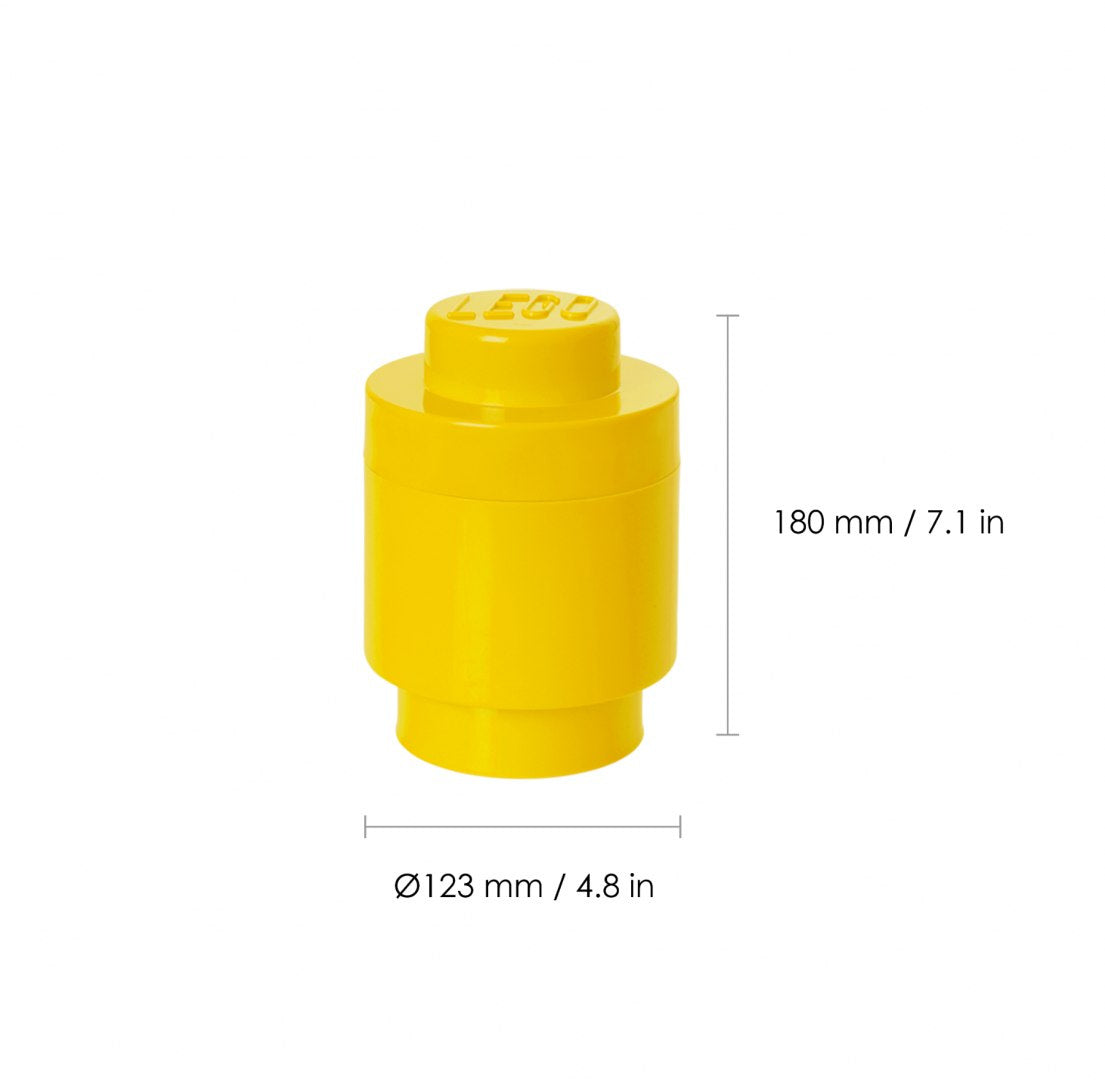 Żółty pojemnik LEGO okrągły z wymiarami 180 mm wysokości i 123 mm średnicy