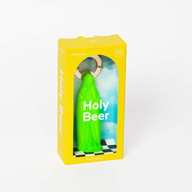 Otwieracz do butelek zielony w kształcie figurki w żółtym opakowaniu Holy Beer od WABOBA AB