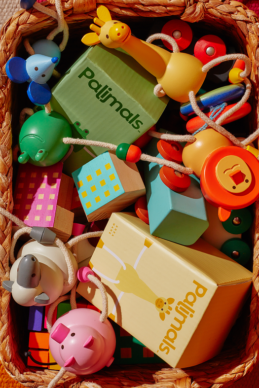 Drewniana figurka żaba wśród kolorowych drewnianych zabawek Areaware Palimals w koszyku