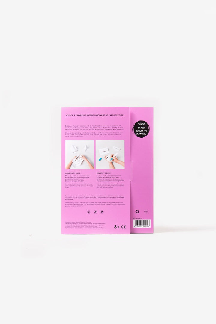 Tył opakowania papierowego modelu kawaii shop marki Yamann w różowym kolorze z instrukcjami