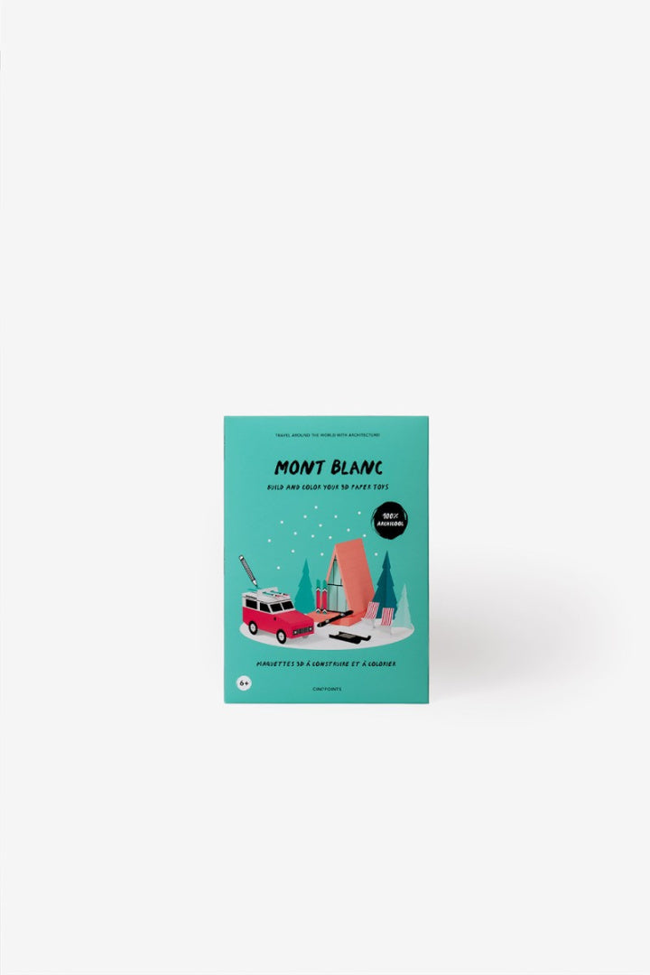 Papierowy model do składania Mont Blanc od Yamann z ilustracją vanu i góry na niebieskim tle