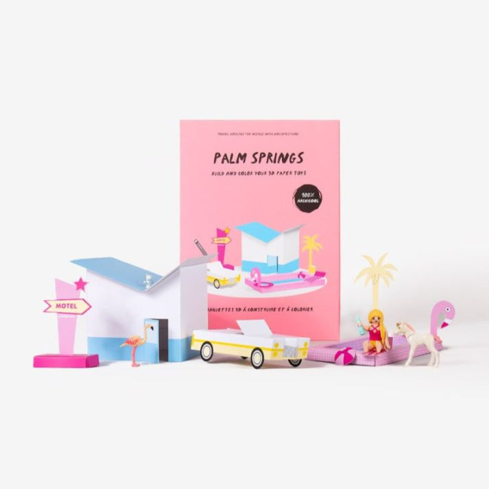 papierowy model do składania Palm Springs z zestawem kolorowych figurek i elementów dekoracyjnych