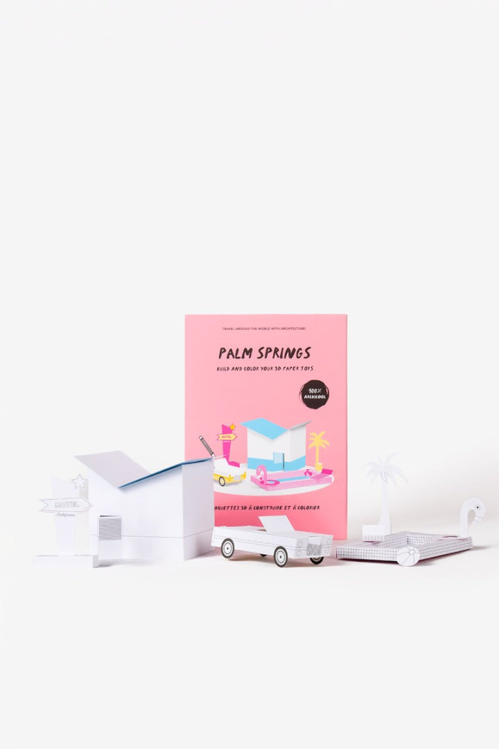 Papierowy model do składania Palm Springs firmy Yamann z elementami budynku i samochodu
