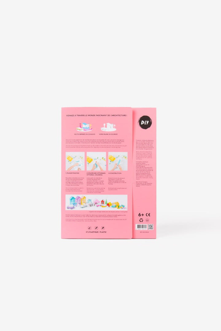 Opakowanie papierowego modelu do składania Palm Springs marki Yamann z instrukcją na różowym tle