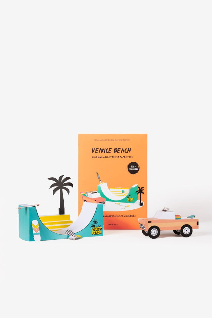 papierowy model do składania Venice Beach zestaw z rampą do skateboardu i różowym autem