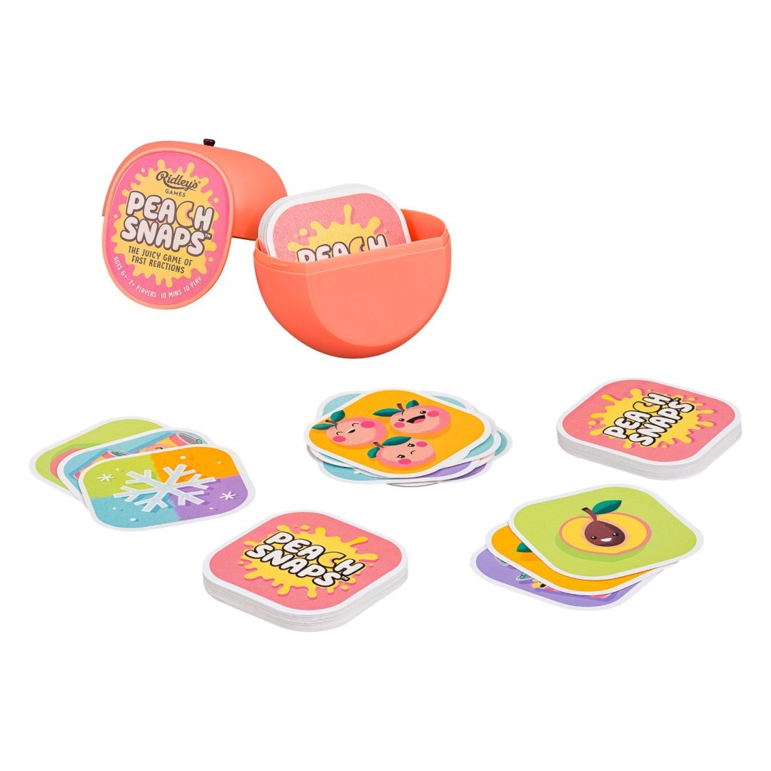 Gra karciana Peach Snaps z kolorowymi kartami i opakowaniem w kształcie brzoskwini