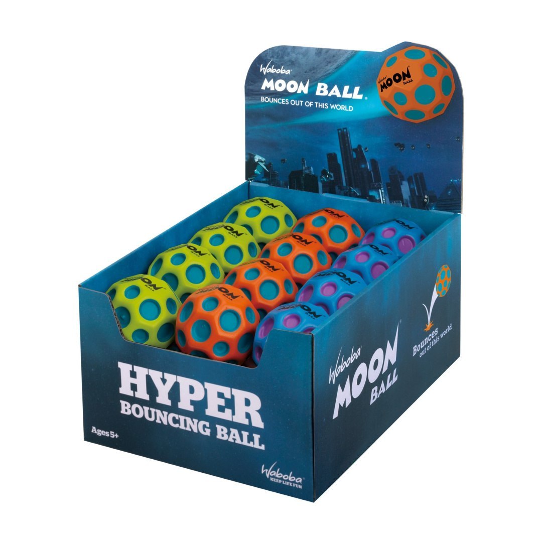 Kolorowe piłeczki Moon Ball Waboba w pudełku ekspozycyjnym do skakania i zabawy