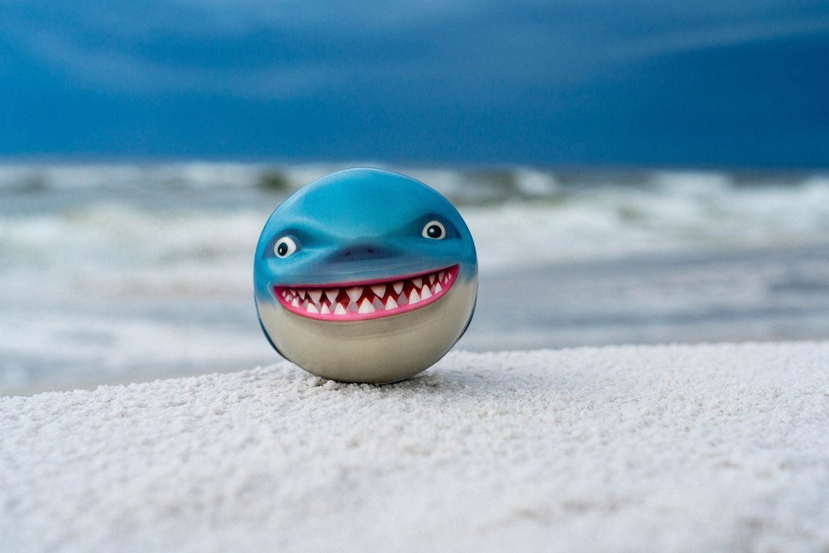 Piłeczka Waboba Sharky Shark w kształcie rekina na plaży z falami w tle
