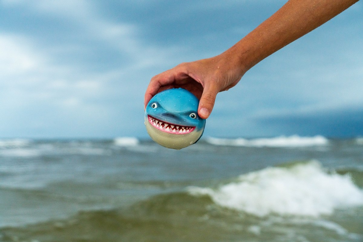Ręka trzymająca niebieską piłeczkę Waboba Sharky Shark z motywem rekina nad morzem