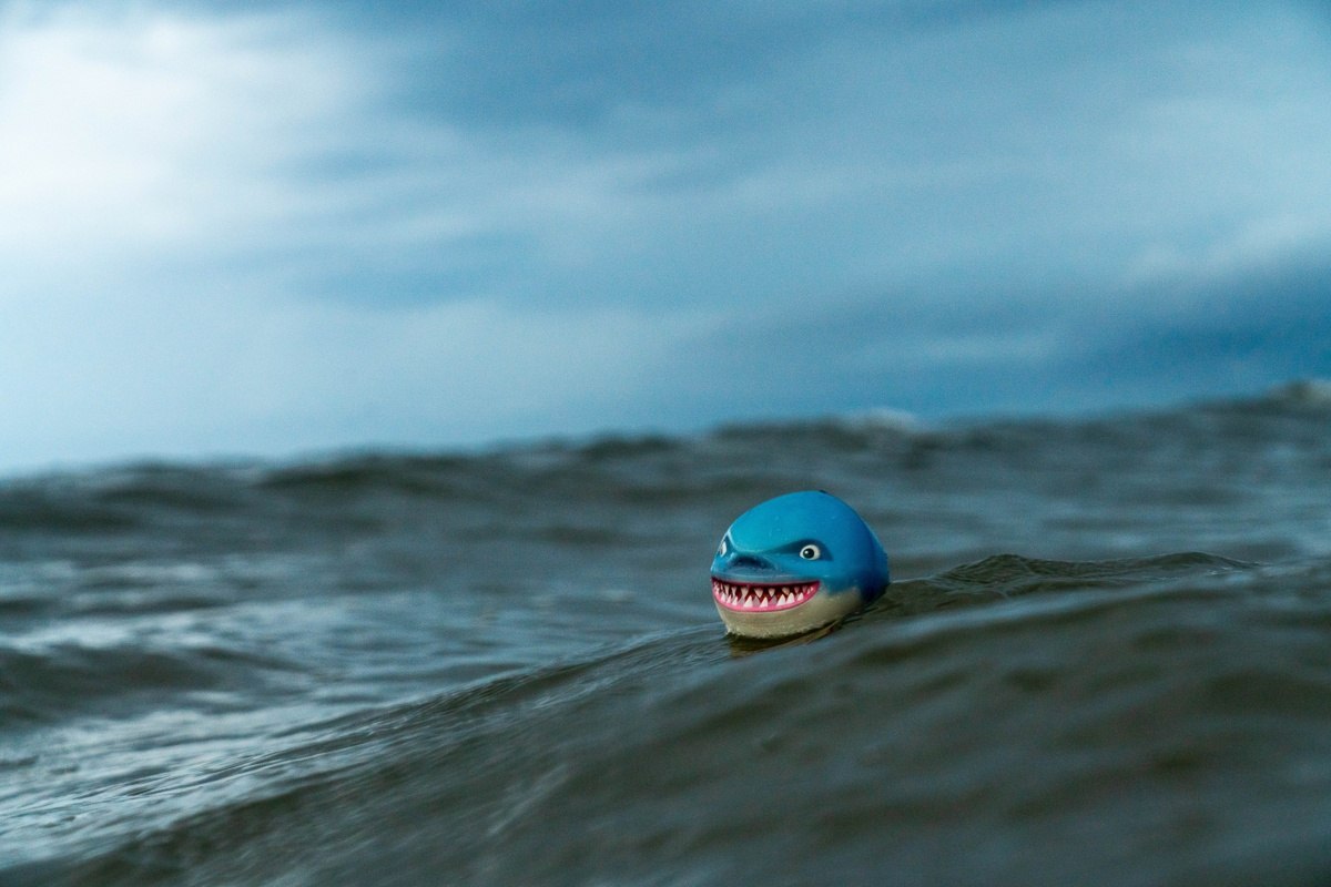 Piłeczka Waboba Sharky Shark pływająca na powierzchni falującej morskiej wody