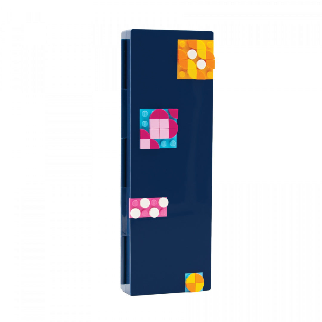 Granatowy piórnik LEGO DOTS dla dzieci z kolorowymi ozdobnymi klockami na powierzchni