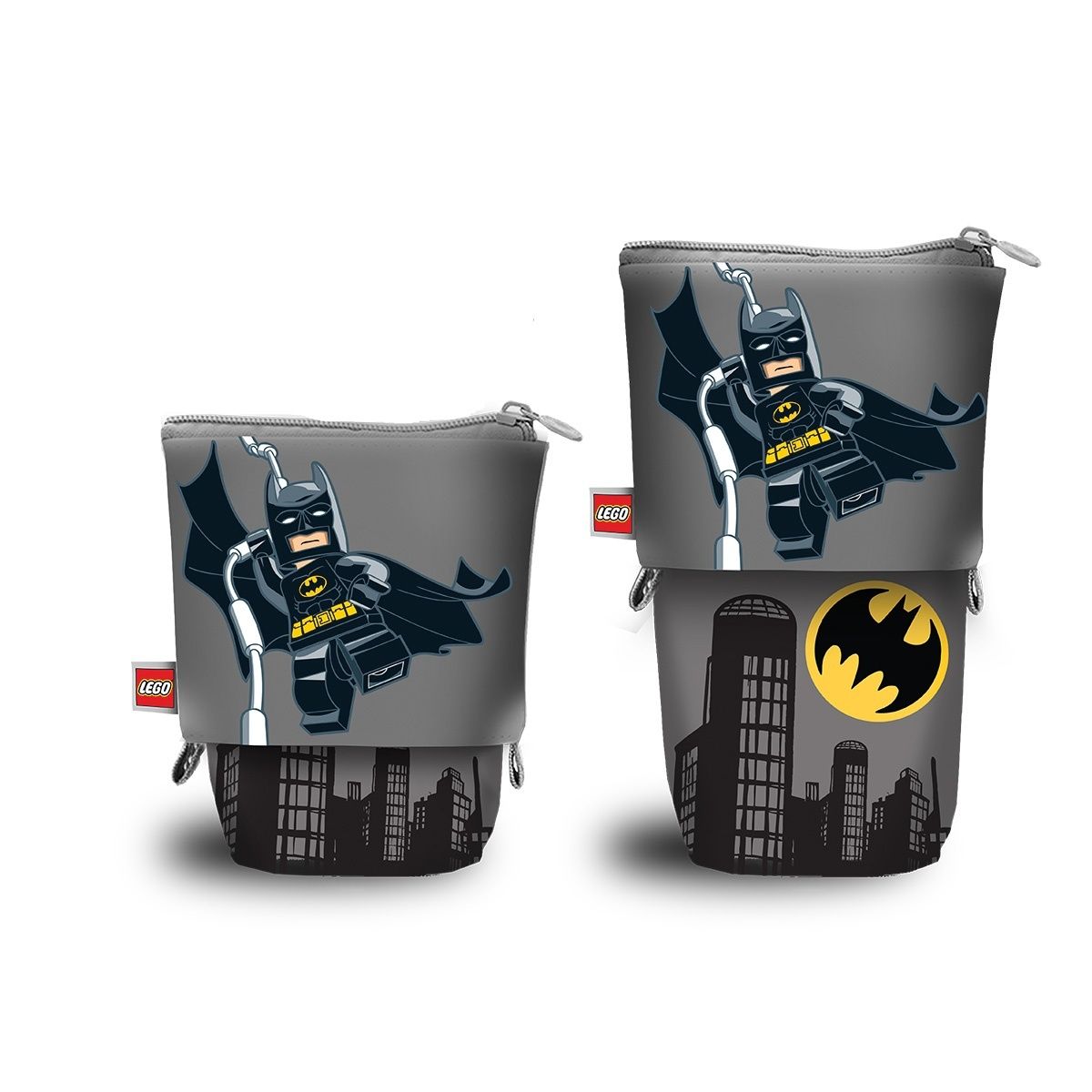 piórnik LEGO Batman z motywem Batmana i miastem na szarym tle z zamkiem błyskawicznym