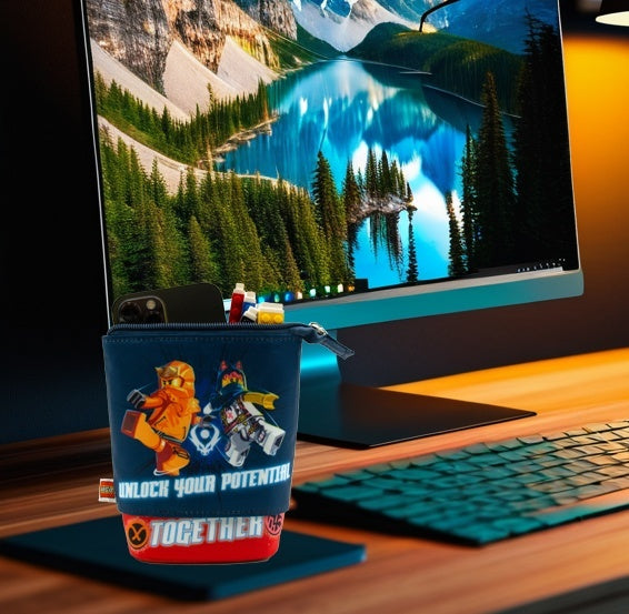 Piórnik LEGO Ninjago z nadrukiem postaci i napisem na biurku obok klawiatury i monitora