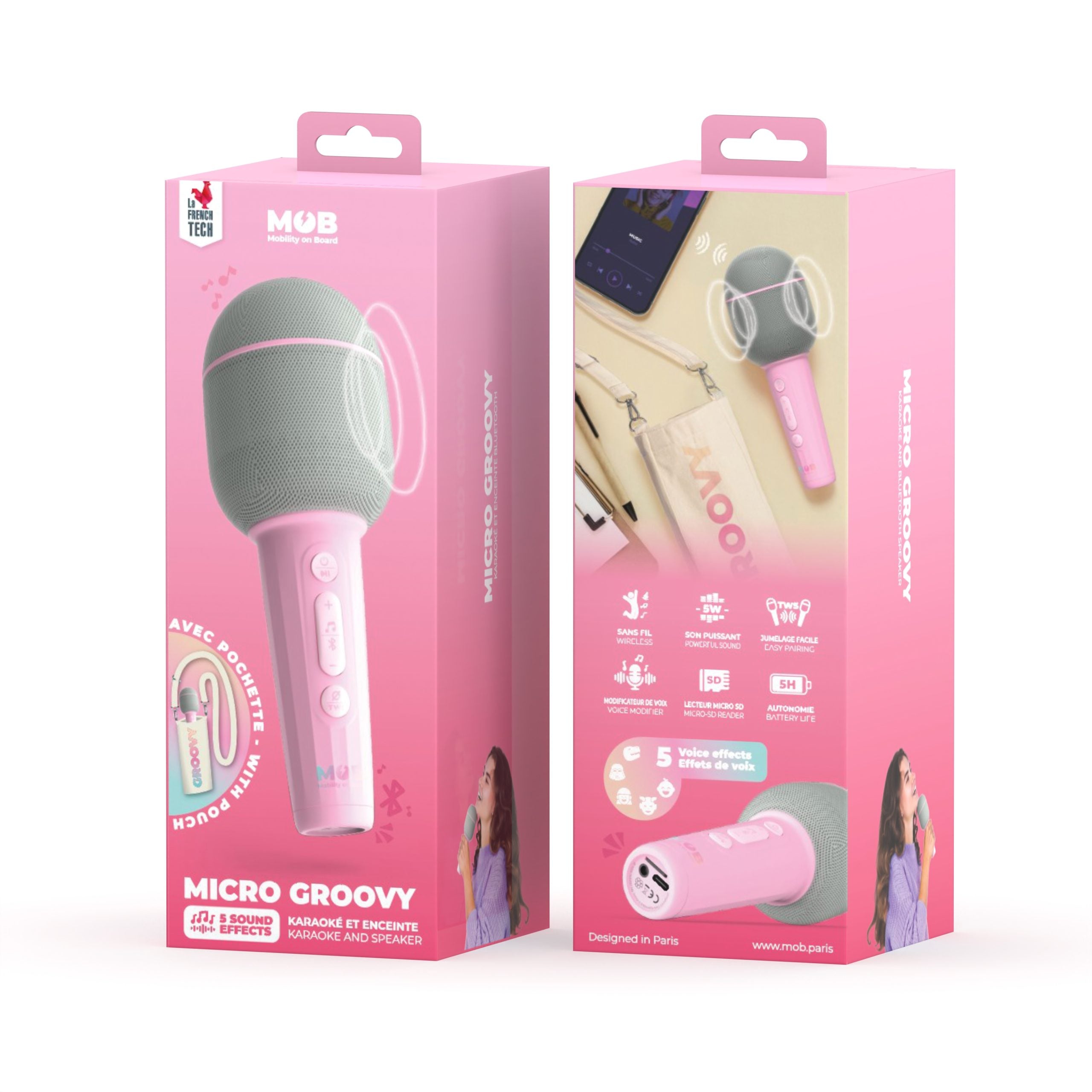 Mikrofon bezprzewodowy z efektami wokalnymi Micro Groovy od WABOBA AB w różowym kolorze