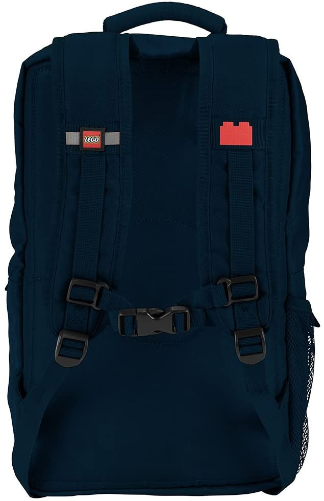 Czarny plecak LEGO dla dzieci z regulowanymi paskami i małą czerwoną aplikacją klocka