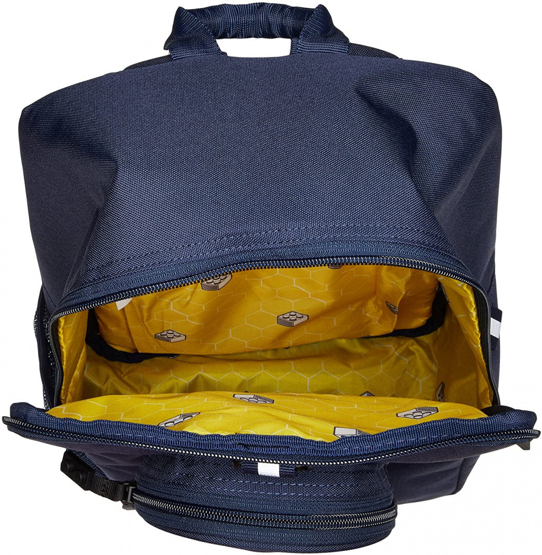 Granatowy plecak LEGO dla dzieci z żółtym wnętrzem i wzorem klocków
