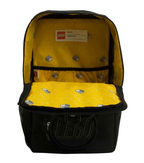Plecak LEGO czarny z żółtym wnętrzem i kieszeniami na zamek idealny do szkoły