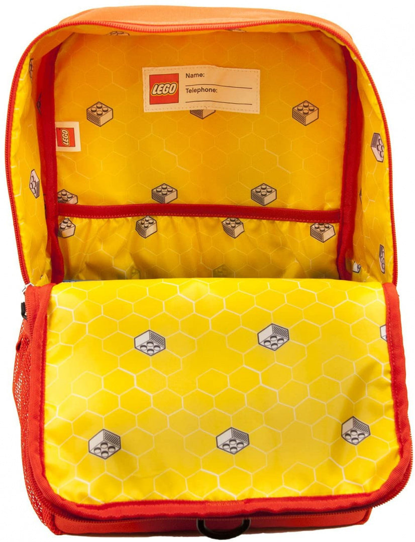 plecak LEGO czerwony z żółtym wnętrzem i kieszeniami na drobne przedmioty