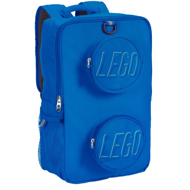 Niebieski plecak LEGO dla dzieci z dwoma okrągłymi kieszeniami i logo LEGO na froncie