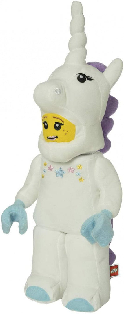 Pluszak LEGO jednorożec biały z fioletową grzywą i niebieskimi rękawiczkami