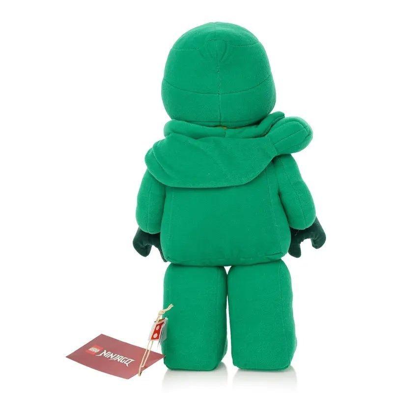 Tył pluszaka LEGO Ninjago Lloyd w zielonym stroju z kapturem i czarnymi rękawiczkami