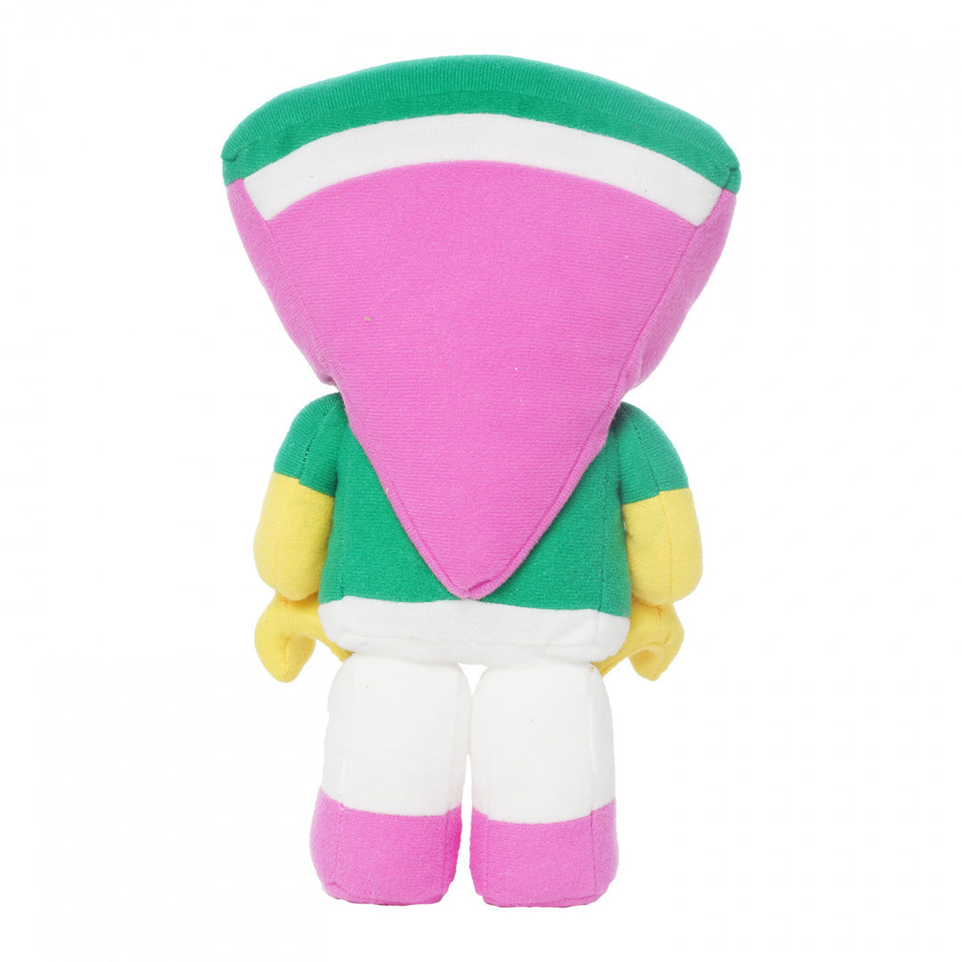 Pluszak LEGO arbuz w kształcie różowo-zielonego plasterka arbuza z białymi i żółtymi elementami