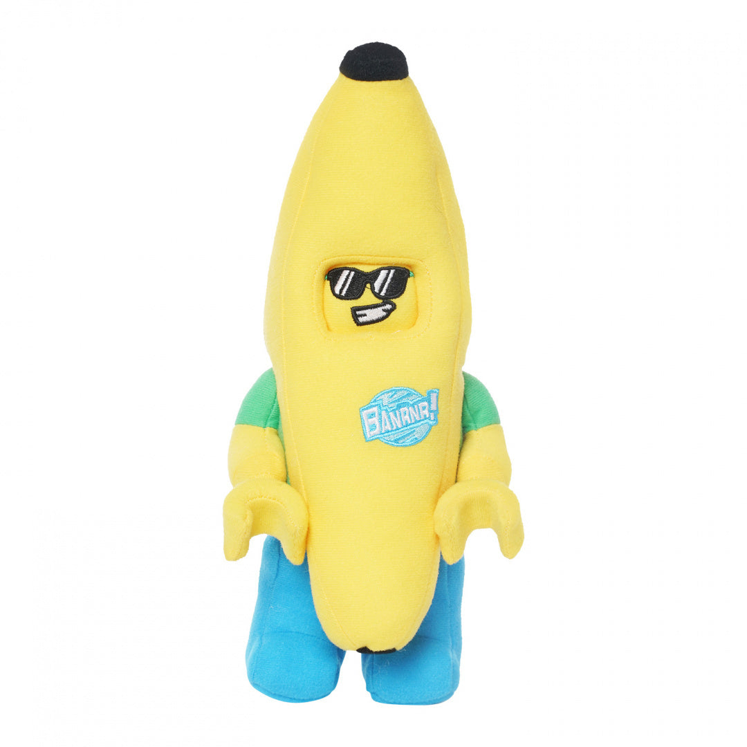 Pluszak LEGO banan w żółtym kostiumie banana z okularami przeciwsłonecznymi i niebieskimi spodniami