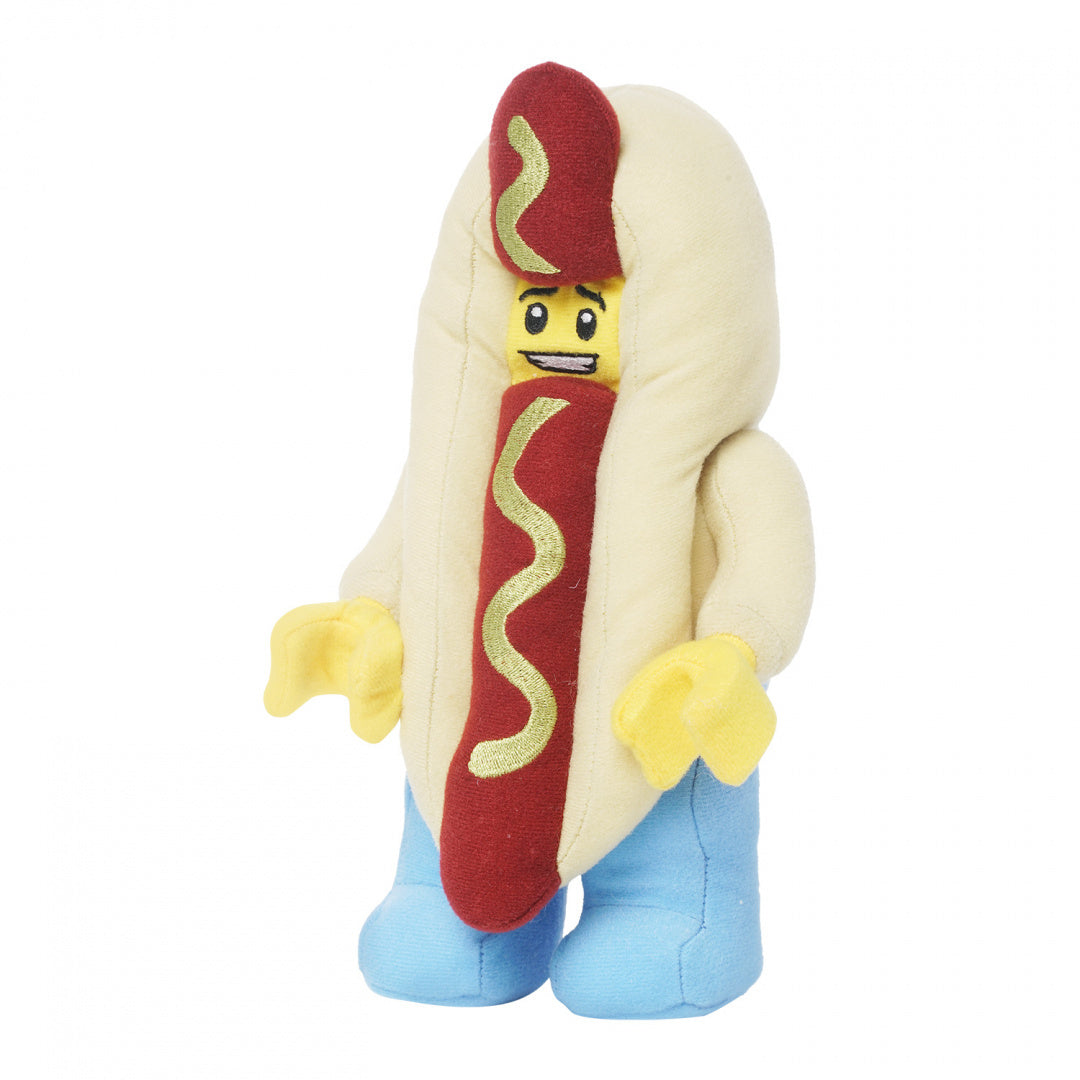 pluszak LEGO hot dog w kształcie postaci LEGO z żółtymi rękami i niebieskimi butami