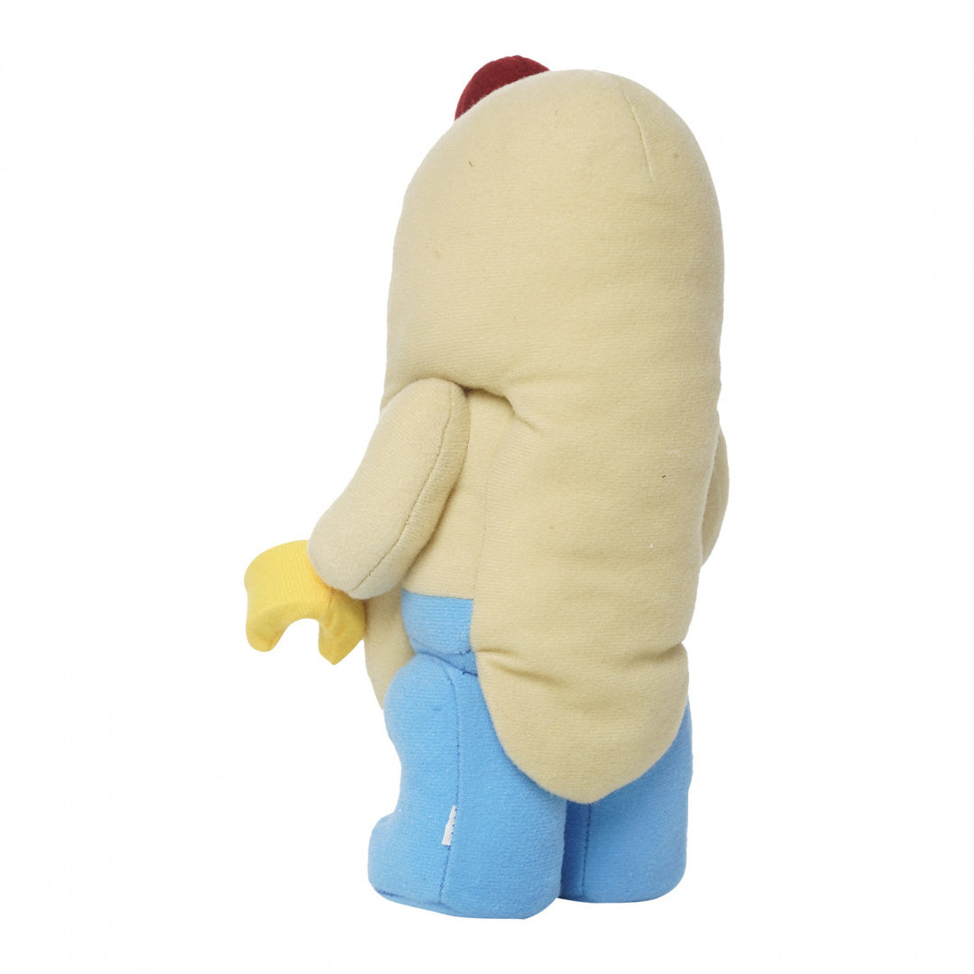 Pluszak LEGO hot dog w kształcie figurki z niebieskimi spodniami i żółtym bananem