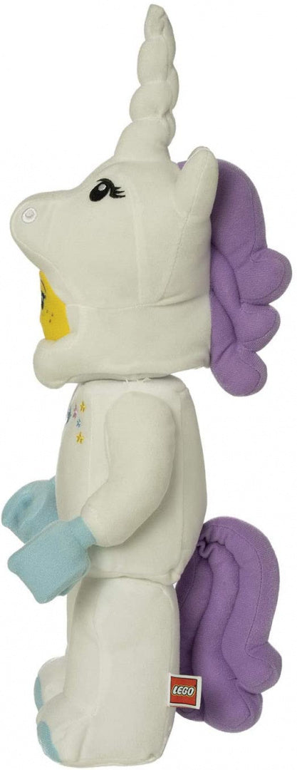 pluszak LEGO jednorożec biały z fioletową grzywą i ogonem, niebieskie rękawiczki i gwiazdki na ciele