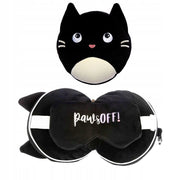 Czarna pluszowa poduszka podróżna kot z miękkim materiałem i opaską na oczy Paws Off