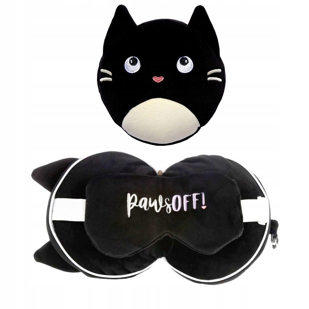 Czarna pluszowa poduszka podróżna kot z miękkim materiałem i opaską na oczy Paws Off