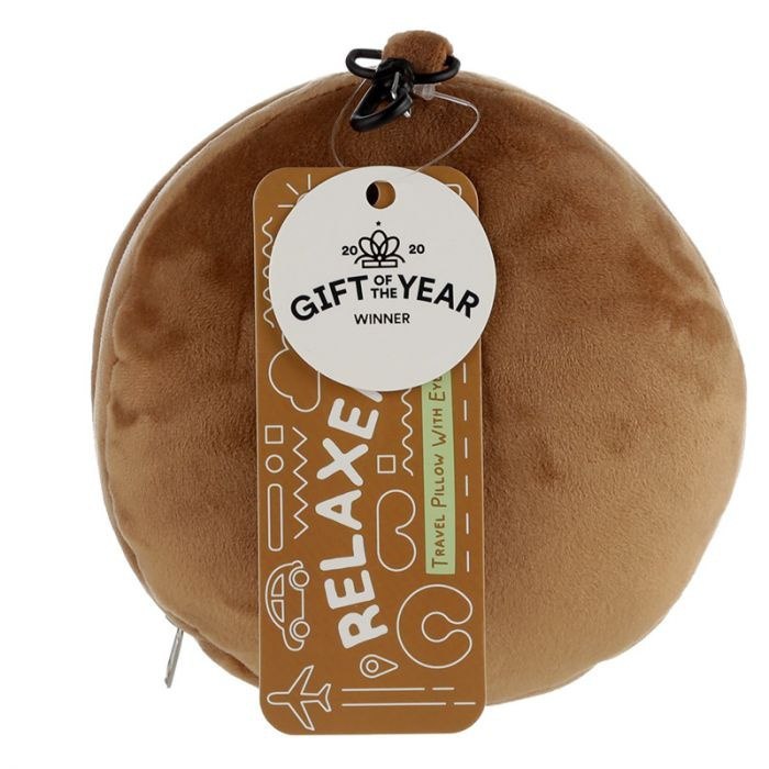 Pluszowa poduszka podróżna z opaską na oczy w kolorze brązowym od Puckator